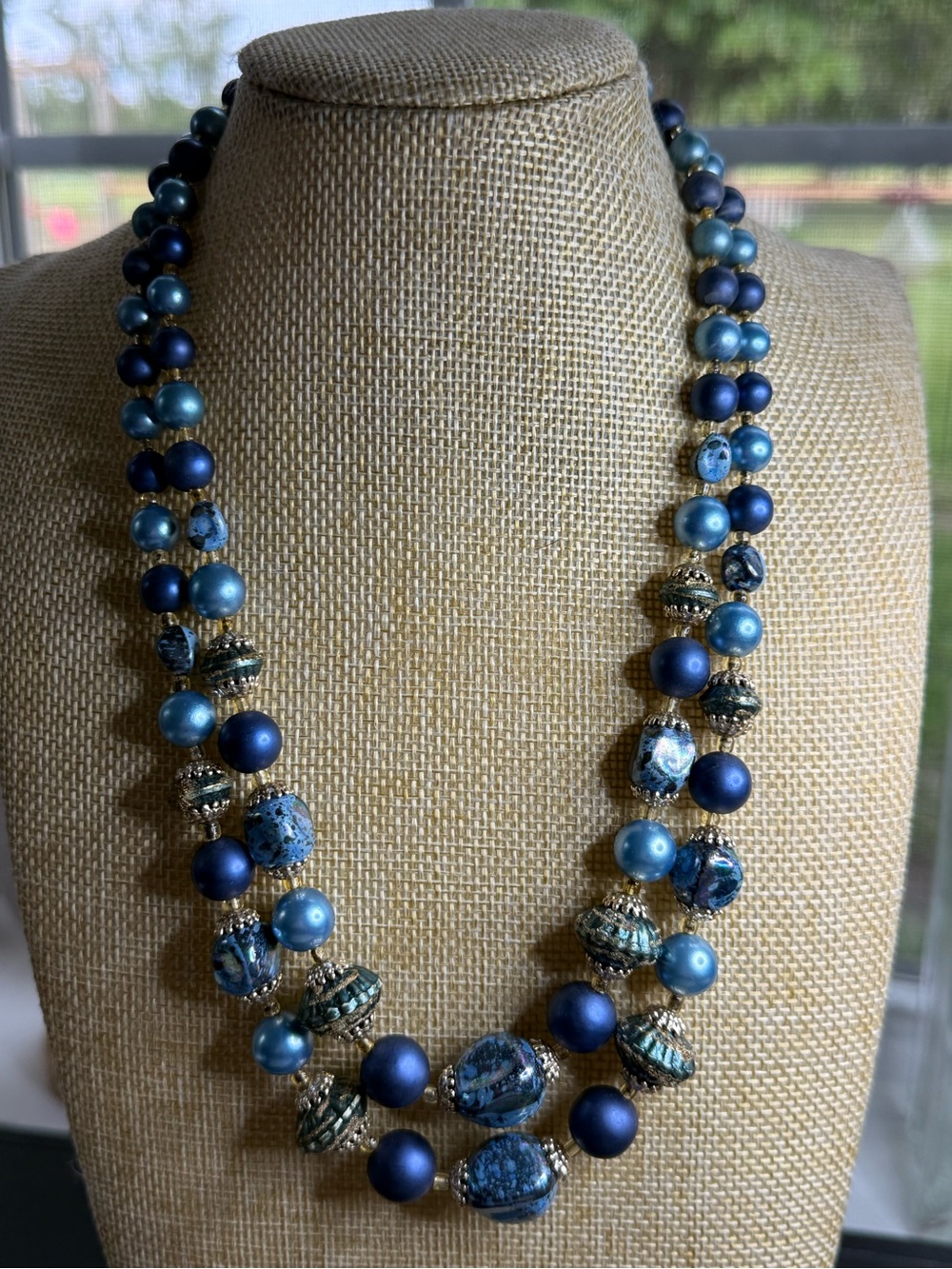 Very Vintage Japan Marked Two Strand Blue Necklace 18-22”